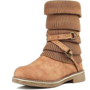 Women's Mid Calf Fashion Winter Snow Boots Camel Brown Buckle Closure Faux Fur